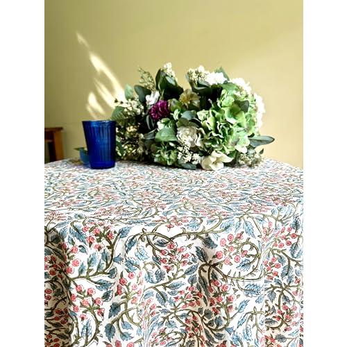 ATOSII Cotton Blockprint Round Tablecloth, Kalina, 90 Inches