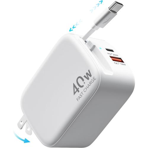 White Retractable Wall Charger,40W PD Fast USB C Charger Block with Retractable Type-C Cable,Portable Fast Charging Adapter with Foldable Plug for iPhone 16/15,iPad Pro 13,12.9,11 inch,Galaxy,Pixel