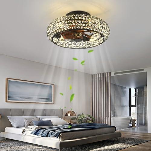 Caged Crystal Ceiling Fans with Lights and Remote,18.8 Flush Mount Low Profile Ceiling Fan with Light,6 Speed Enclosed Ceiling Fan with Reversible Motor for Bedroom Kitchen Living Room