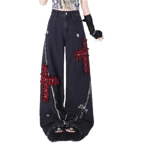 Size M LAFOURAM Petite Jeans for Women 5 FT Short Wide Leg Baggy Cross Plaid Patchwork Denim Pants