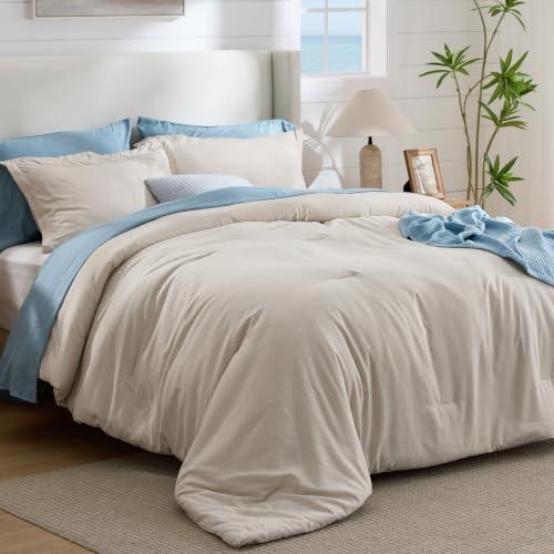 Bedsure Queen Comforter Set - Beige Soft Bedding for All Seasons, Cationic Dyed Bed Set, 3 Pieces, 1 Queen Size Comforter (90x90) and 2 Pillow Shams (20x26 2)