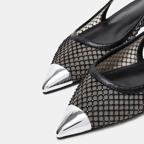 Size 7 Beauty Cry Pointed Toe Slingback Flats for Women Mesh Rhinestone Slip On Ballet Flats.
