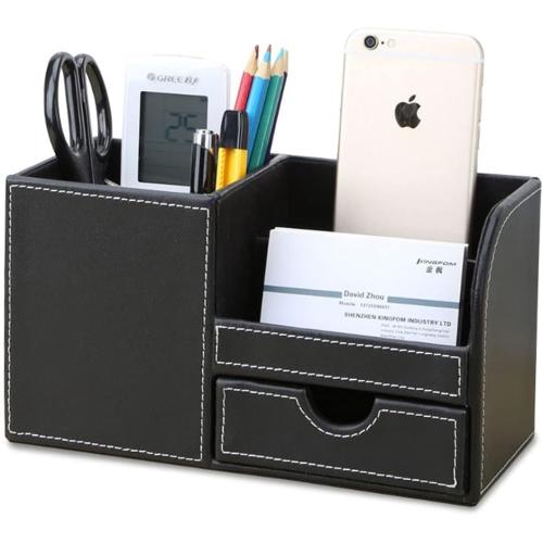 KINGFOM Desk Organizer Office Supplies Caddy Pu Leather Multi-function Storage Box Pen/Pencil,Cell phone, Business Name Cards Remote Control Holder with Small Drawer Black