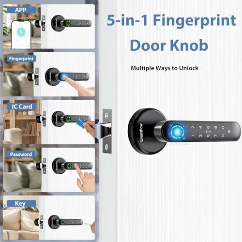 Fingerprint Door Lock Biometric Door Knob with Keypad Keyless Entry, 5-in-1 Door Locks for Bedrooms(Fingerprint/App/Code/Key/IC Card), Home Hotel Office Apartment Black
