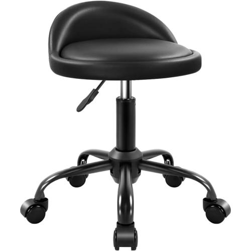 KKTONER Rolling Stool with BackRest Height Adjustable Round Chair with Wheels Swivel Drafting Work PU Leather stools Small (Black)