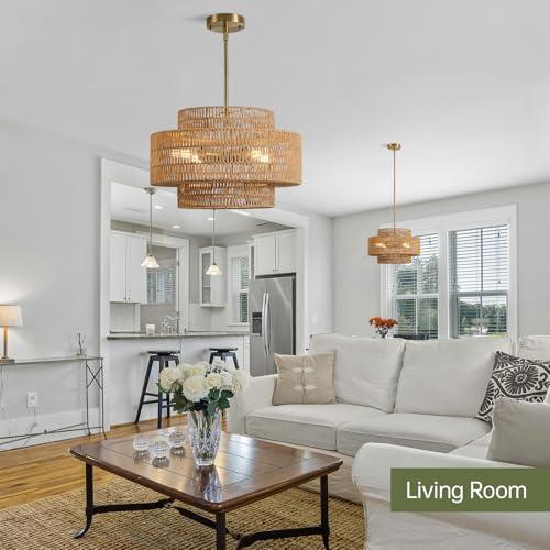 4-Light Boho Rattan Chandelier Light Fixture, 17.7” Hand Woven Rustic Chandeliers Farmhouse Chandelier Hanging Light for Dining Room Kitchen Island, Living Room, Foyer