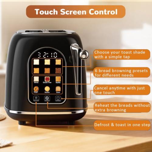 Mecity Toaster 2 Slice, Touch Screen Wide Slot Retro Toaster For Breads Bagel Muffin Waffle, House Warming Gift New Home, 120V 825W, Jet Black