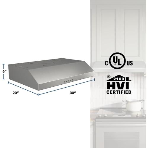 Broan-NuTone BCSQ130SS Three-Speed Glacier Under-Cabinet Range Hood with LED Lights ADA Capable, 1.5 Sones, 375 Max Blower CFM, 30-Inch, Stainless Steel