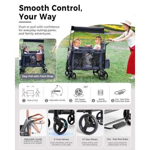 Stroller Wagon for 2 Kids, Foldable 2 Seater Wagon Stroller with Raised Seats, 5-Point Harnesses, Adjustable UPF 50  Canopy, Front Zip Door, All-Terrain Wheels, Insulated Snack Bag, Gray