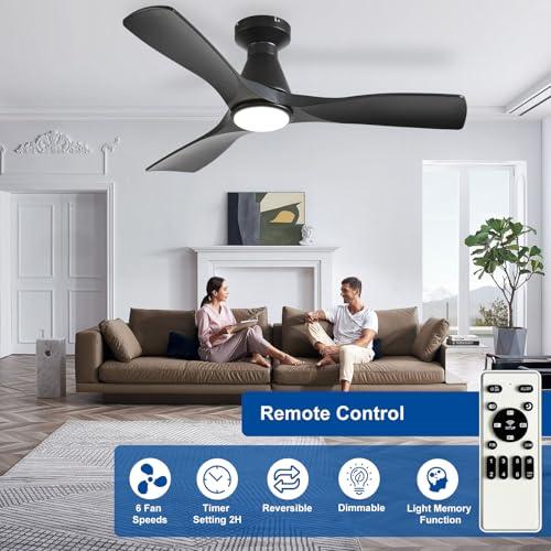 Depuley 42-Inch Ceiling Fans with Lights: Black 3 Blade Flush Mount Low Profile Ceiling Fan for Bedroom - Dimmable Indoor Outdoor Fan with Remote Control Ultra Quiet DC Motor Timer