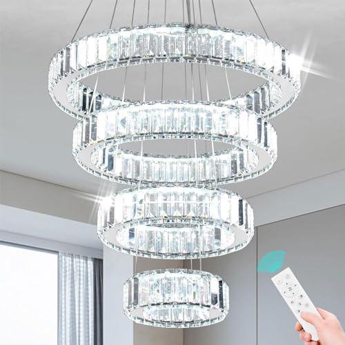 Dimmable Modern LED Chandelier with Remote 4 Ring Pendant Light Crystal Chandeliers for Dining Room Bedroom Living Room, 3 Colors Adjustable,Dia7.9-11.8-15.7-19.7,79 W
