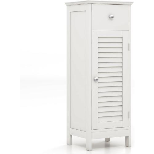 Slim Bathroom Storage Cabinet, Wooden Floor Narrow Cabinet with Drawer & Shutter Door, Adjustable Shelf & Anti-toppling Fittings, Small Cabinet for Home Office, (White)