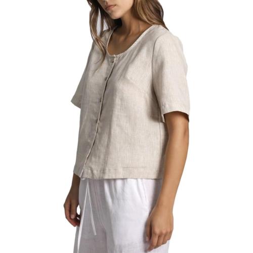 SIZE M...Womens 100% Linen Short Sleeve Blouse Square Neck Button Down Crop Tops