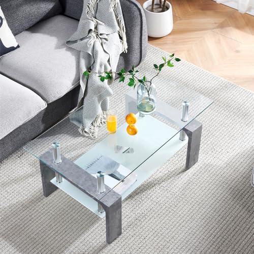 Color Grey Living Room Rectangle Coffee Table, Tea Table Suitable for Waiting Room, Modern Side Coffee Table with Wooden Leg, Glass Tabletop with Lower Shelf,Grey Marble