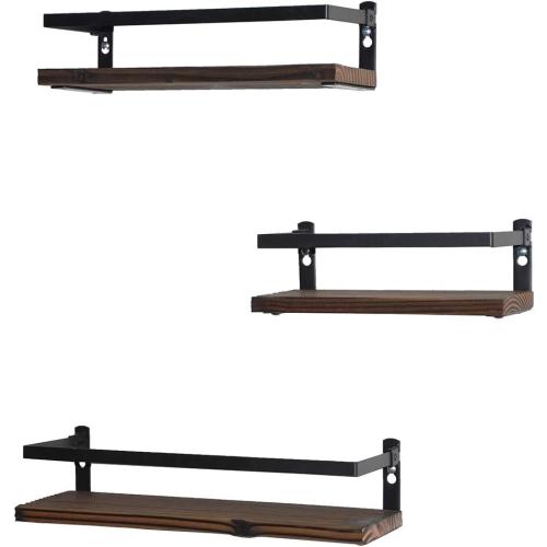 Floating Shelves Rustic Wood Wall Mounted Shelf Practical Metal Fence Design Ideal for Bedroom, Bathroom, Kitchen Set of 3(Brown)