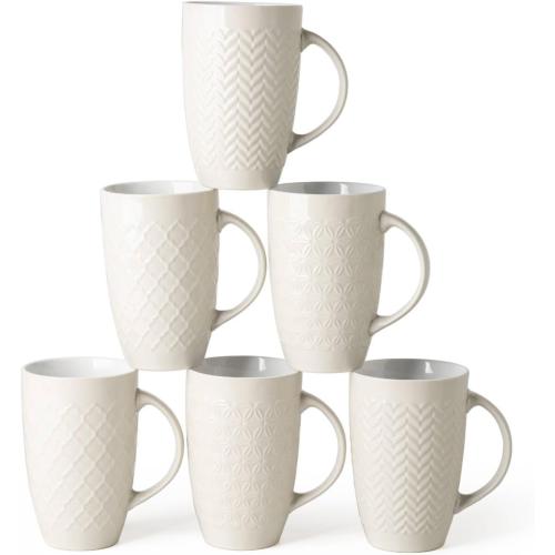 AmorArc Extra Large Coffee Mugs Set of 6, 20oz Ceramic Tall Coffee Mugs Set with Textured Geometric Patterns for Coffee/Tea/Beer/Hot Cocoa, Dishwasher & Microwave Safe,Beige