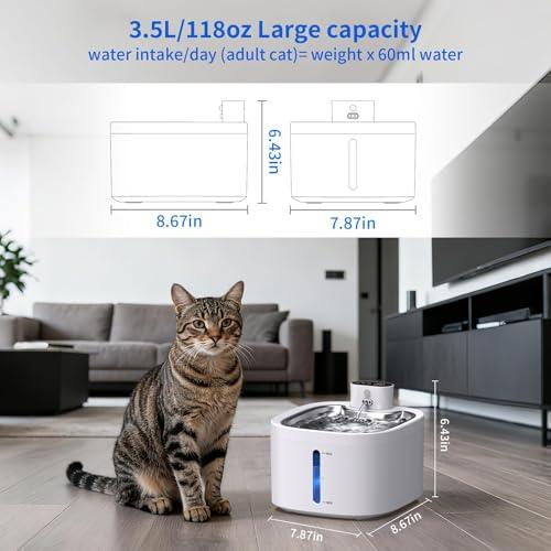 Cat Water Fountain Wireless: 118oz/3.5L Battery Operated Pet Water Fountain for Cats Indoor with Motion Sensor, Quiet Automatic Fountain with Stainless Steel Tray(8Filters)