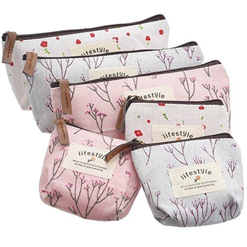 TecUnite Pack of 6 Pencil Case Countryside Flower Cosmetic Makeup Bag Cute Floral Canvas Zipper Pencil Pen Cases Multifunctional Fabric Cosmetic Makeup Bag