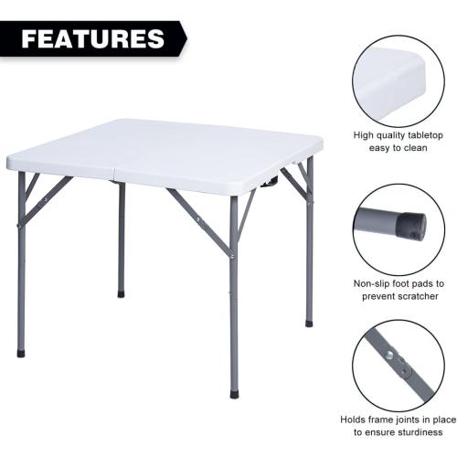 Lakhow 34 Square Folding Table, Fold-in-Half Utility Dining Portable Table Heavy Duty HDPE Plastic Foldable with Carrying Handle Indoor Outdoor for Picnic, Party