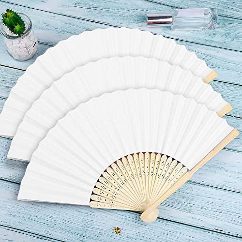 FEPITO 55 Pieces White Handheld Paper Fan Paper Folding Fans