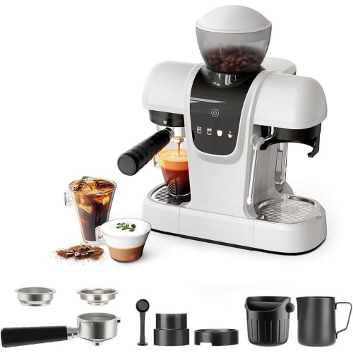 RECAFIMIL Semi-Automatic Espresso Machine with Grinder, 20 Bar, Compact Professional Coffee Maker with Milk Frother, Latte & Cappuccino, Perfect for Home Use, White