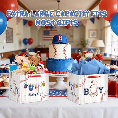 Frakron 12 Extra Large Baseball Baby Shower Gifts Bag with 3 Blue Tissue Paper Vintage Sports Theme Square Birthday Present Wrapping Bag for Boys Newborn Gender Reveal Party Decorations Supplies