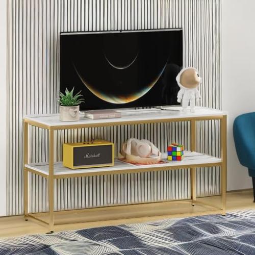 Function Home TV Stand for TVs up to 50 Inch, 3 Tier Entertainment Center, Modern TV Cabinet with Marble Top and Gold Metal Base, 42 Media Console Table with Storage for Living Room Bedroom