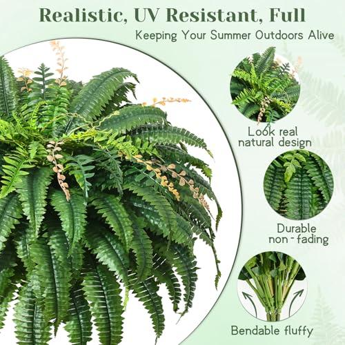 MARTINE MALL 2Pcs 48''/128 Leaves Artificial Ferns for Outdoors Look Real Fake Ferns, Large Faux Boston Ferns for Outdoor Planter Realistic UV Resistant Artificial Fake Plants for Porch Patio Hanging