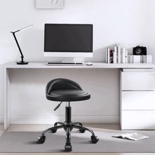 KKTONER Rolling Stool with BackRest Height Adjustable Round Chair with Wheels Swivel Drafting Work PU Leather stools Small (Black)