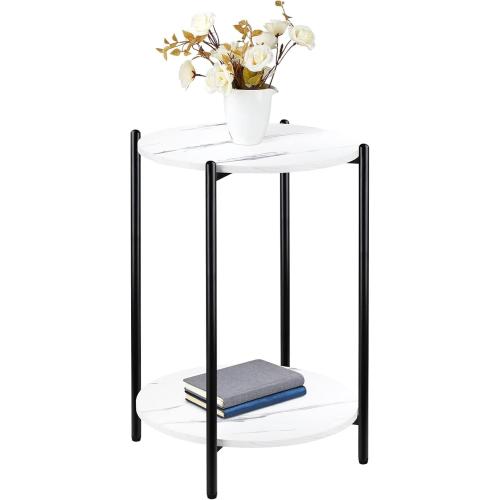 Faux Marble End Table White Black Side Table Marble Nightstand for Living Room or Bedroom Modern Accent Table with Black Metal Frame (1 pcs Black, Round)