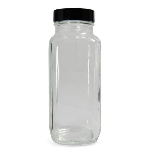 27 Clear Glass French Square Bottle  Black Polypropylene Cap and PTFE Disc, 62mm OD x 167mm Height, 16oz Capacity (Case of 24)