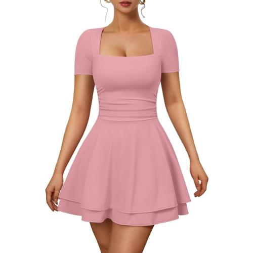 XXTAXN Women's Sexy Square Neck Short Sleeve Ruched Tiered Ruffle Hem Flowy Club Party Mini Dress large