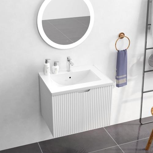 24 Fluted Bathroom Vanity with Sink, Bathroom Vanities Cabinet with Sink Combo, Wall Mounted Floating Cabinet, Mid-Century Modern Floating Vanity for Small Space, Washed Ash Grey