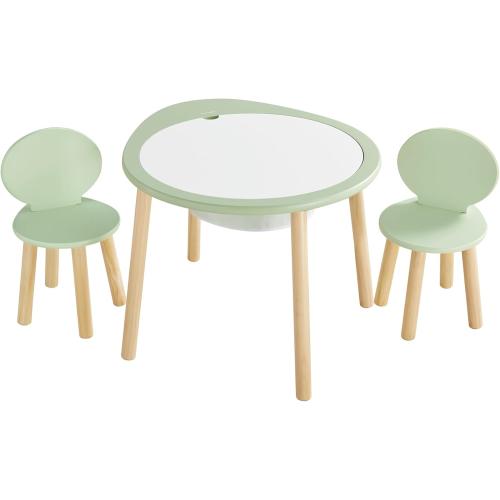 Beright Kids Table and Chairs Set, Kids Wooden Play Table with 2 Chairs, Kids Round Table for Toddlers, Suitable for Bedroom, Playroom and Kids' Room, with Removable Top Panel and Storage Bag, Green