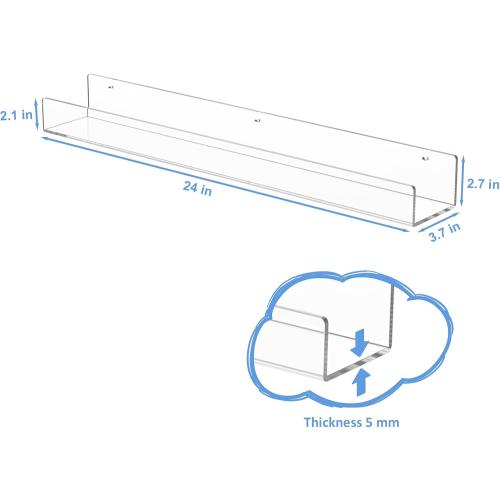 NIUBEE 24-Inch Acrylic Kids Floating Bookshelves, 2-Pack, Wall Mounted Clear Shelves for Kids' Growing Book Collections in Nurseries/Bedroom/Playrooms