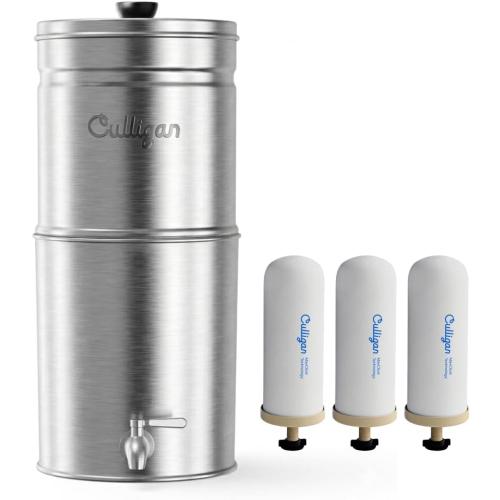 Culligan MaxClear 3 Gallon Gravity Water Filter System, Brushed Stainless-Steel Countertop Water Filter NSF/ANSI Certified to Reduce Microplastics, Lead & Total PFAS, with 3 Ceramic Filters