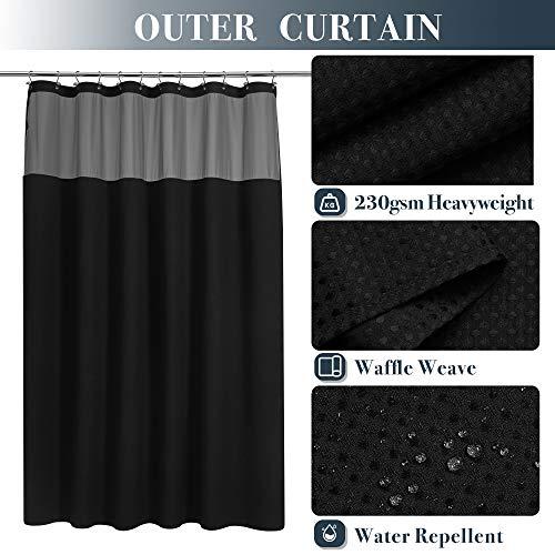 N&Y HOME Waffle Weave Shower Curtain with Snap-in Liner Set Black, 71x72