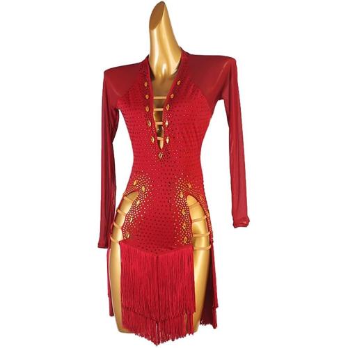 Size M Fringe Latin Dance Dresses for Women Competition Cha Cha Tango Costume Long Sleeve Ballroom Performance Dancewear