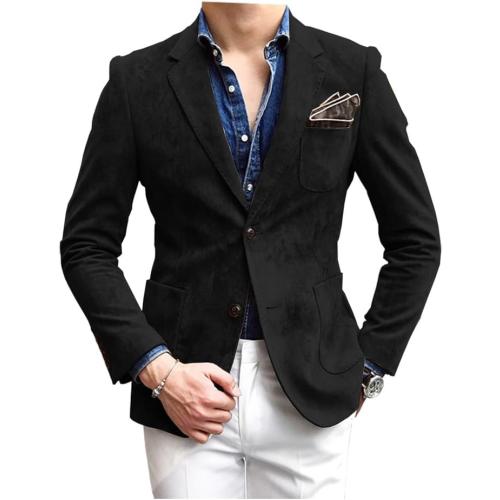 Mens 2XL-3XL Black Blazer Suede Jacket Casual 2 Buttons Sport Coat Faux Leather Suit Slim Fit