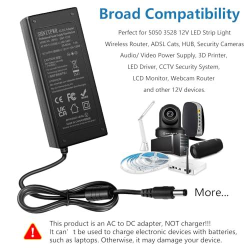 SHNITPWR 12V 10A 120W DC Power Supply Adapter 100V~240V AC to DC Converter 12 Volt 10 Amp Transformer 5.5x2.5mm Tip for 5050 3528 LED Strip Light 3D Printer LED Driver CCTV Security System LCD Monitor