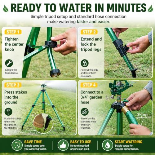 Sprinklers for Yard, 2026 Heavy-Duty Lawn Sprinkler Impact Sprinkler on Spike Tripod Base with 360° Large Area Irrigation with Extension Legs to Adjust Height Irrigation System for Garden Lawn-Green