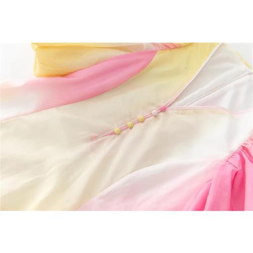 Generic Women's Sexy V Neck Short Lantern Sleeves Faded Color Fashion Dresses, Small