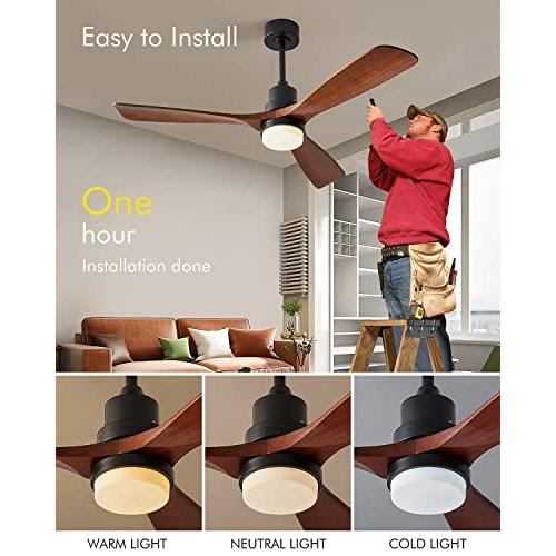 Ceiling Fans with Lights, 60 Wood Ceiling Fan with Remote Control, 3 Walnut Fan Blades Reversible Quiet DC Motor 6 Speeds Timing Farmhouse Ceiling Fan for Bedroom/Living Room/Study/Porch