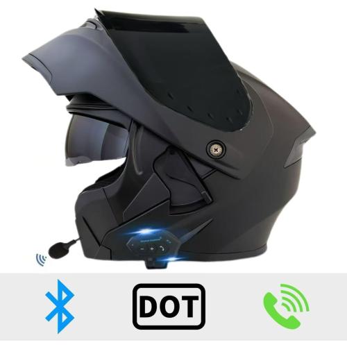 Color Black Motorcycle Bluetooth Modular Helmet, DOT Approved Flip Up Full Face Motorcycle Dual Visor Helmet, with Dual Speakers and Microphone, for Adults Men and Women