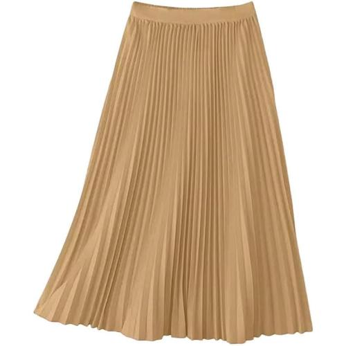 Size S Women Elastic Waist Office Skirt High Waist Solid Pleated Midi Length A-Line Professional Wear
