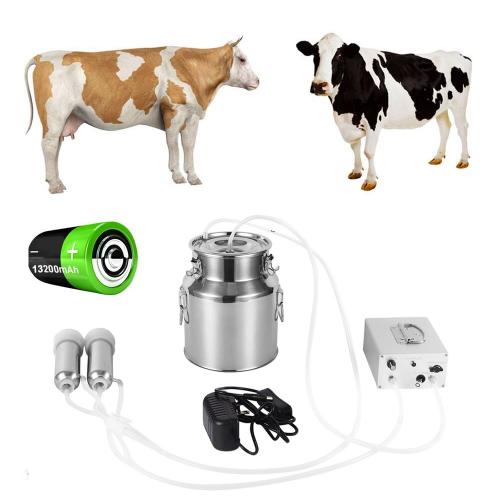 14L Cow Electric Milking Machine, Automatic Rechargeable Battery Powered Pulsation Vacuum Pump with 2 Teat Cups Stainless Steel Bucket for Cows(Battery Model)