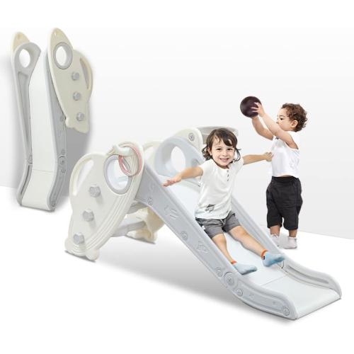 Kids Slide for Toddlers Age 1-3 Indoor Baby Plastic Slide Outdoor Climber Freestanding Playset with Basketball Hoop & Ring Game Grey