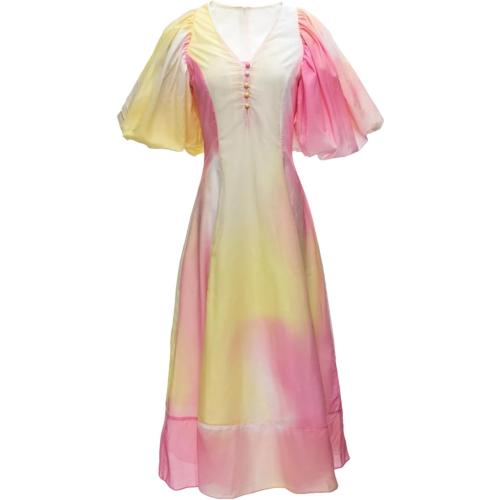 Generic Women's Sexy V Neck Short Lantern Sleeves Faded Color Fashion Dresses, Small