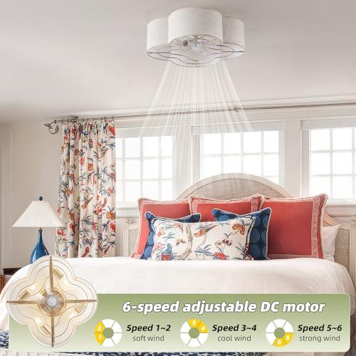 WHITE 20 Boho Ceiling Fan with Light, Rattan Caged Flush Mount Ceiling Fan with Light Remote Control, Enclosed with 6 Speeds for Bedroom, Living Room, Foyer, Nursery (Beige)