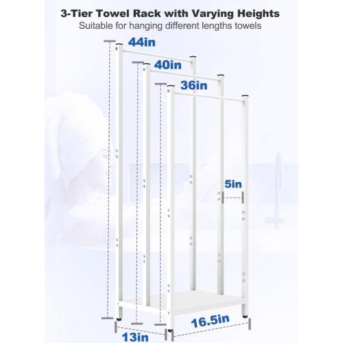 44 Inch Tall Free Standing Towel Rack with Metal Storage Shelf & 6 Hooks for Bathroom, 3 Tiers Heavy Duty Blanket Drying Stand Holder for Outdoor Pool, Bedroom, Living Room, White